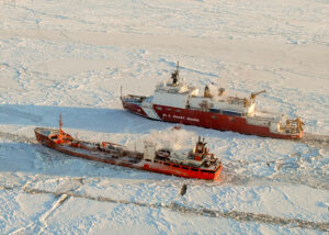 US Coast Guard's Healy escorts Russian tanker Renda, Nome, Alaska, January 2012.