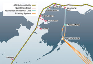Both the subsea Arctic cable, and a terrestrial cable along the Dalton Highway, are seeing delays that could push the rollout of Quintillion's ultrafast broadband network in rural Alaska to 2016 or beyond. Image: Quintillion Networks.
