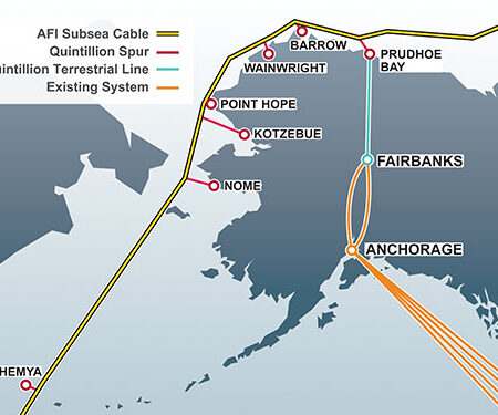 Both the subsea Arctic cable, and a terrestrial cable along the Dalton Highway, are seeing delays that could push the rollout of Quintillion's ultrafast broadband network in rural Alaska to 2016 or beyond. Image: Quintillion Networks.