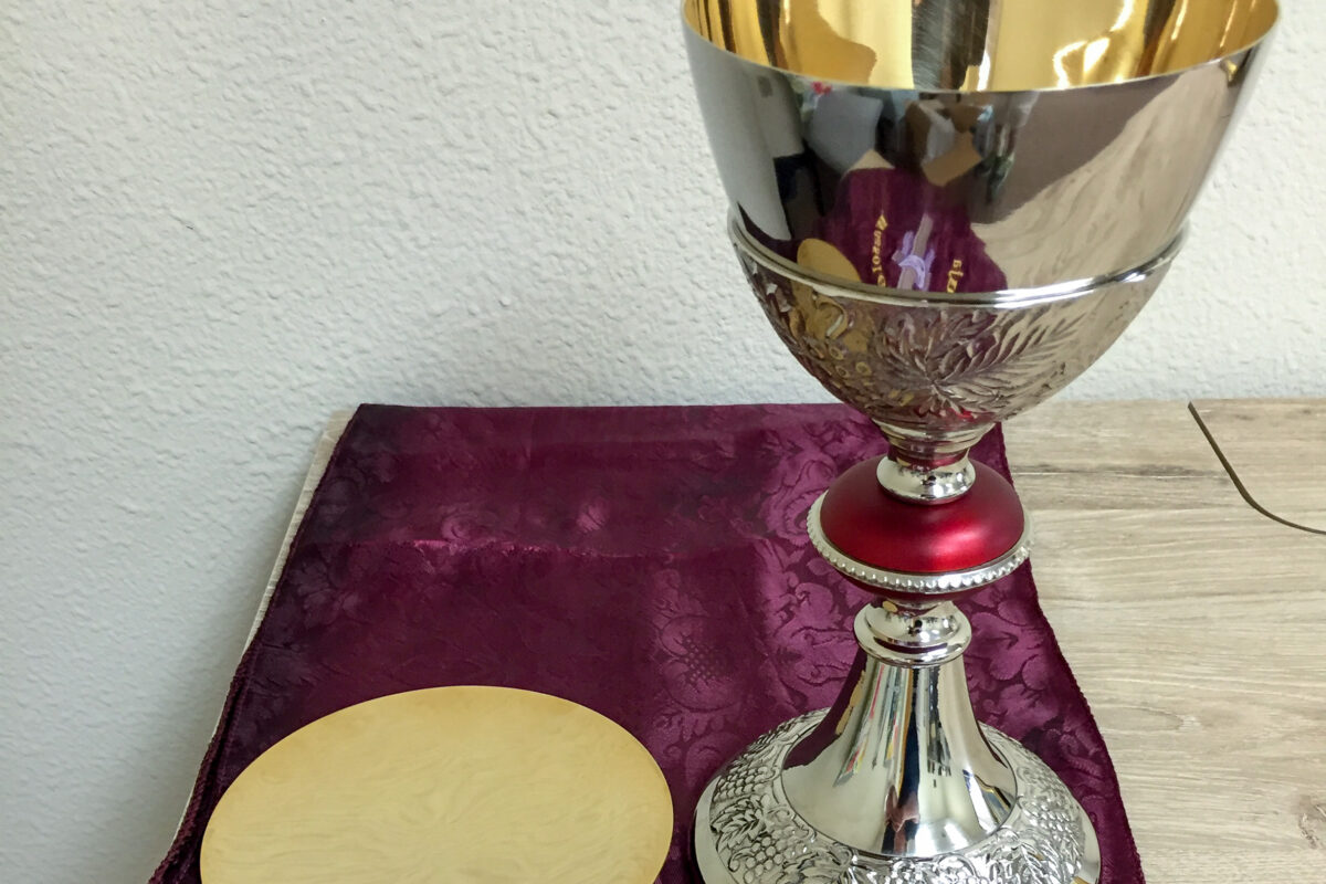 The special chalice and paten set recently sent to KNOM from a benefactor. Photo: Robyn Woyte, KNOM.