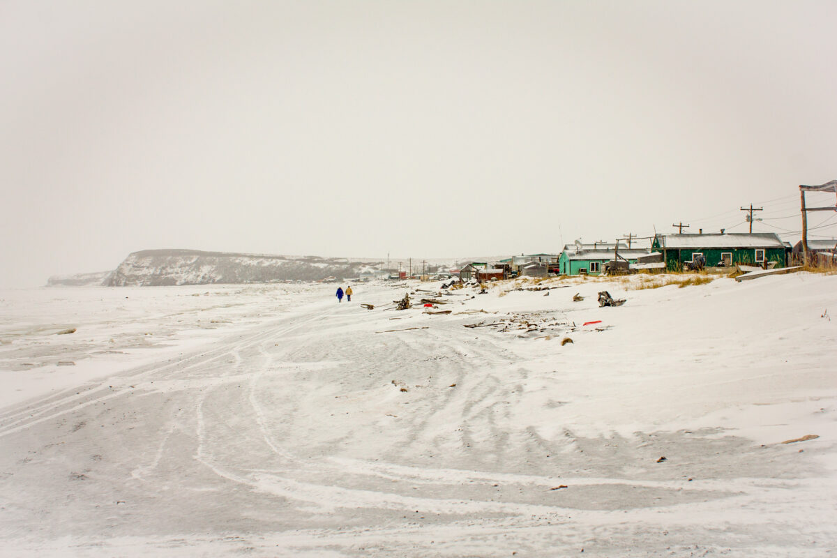 The landscape of the Stebbins beachfront, covered in winter snow and ice. Photo: Emily Russell, KNOM.