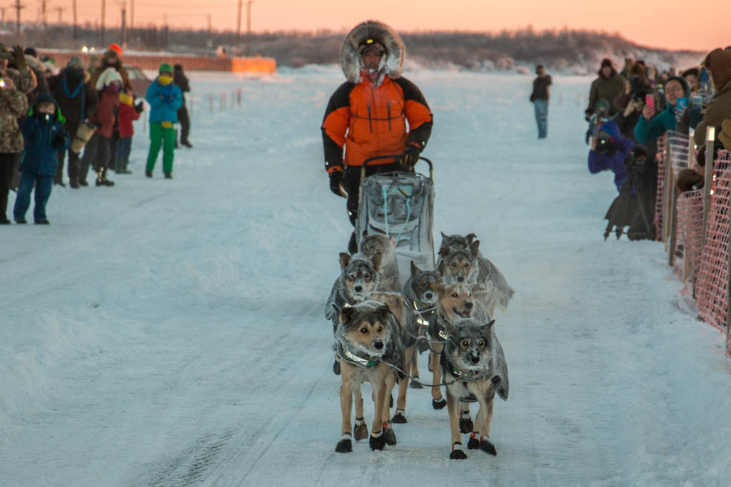 Pete Kaiser and his dog team approach the 2017 Kuskokwim 300 finish line