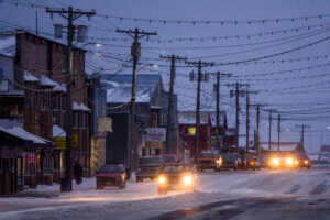 Nome's Front Street on a wintry night