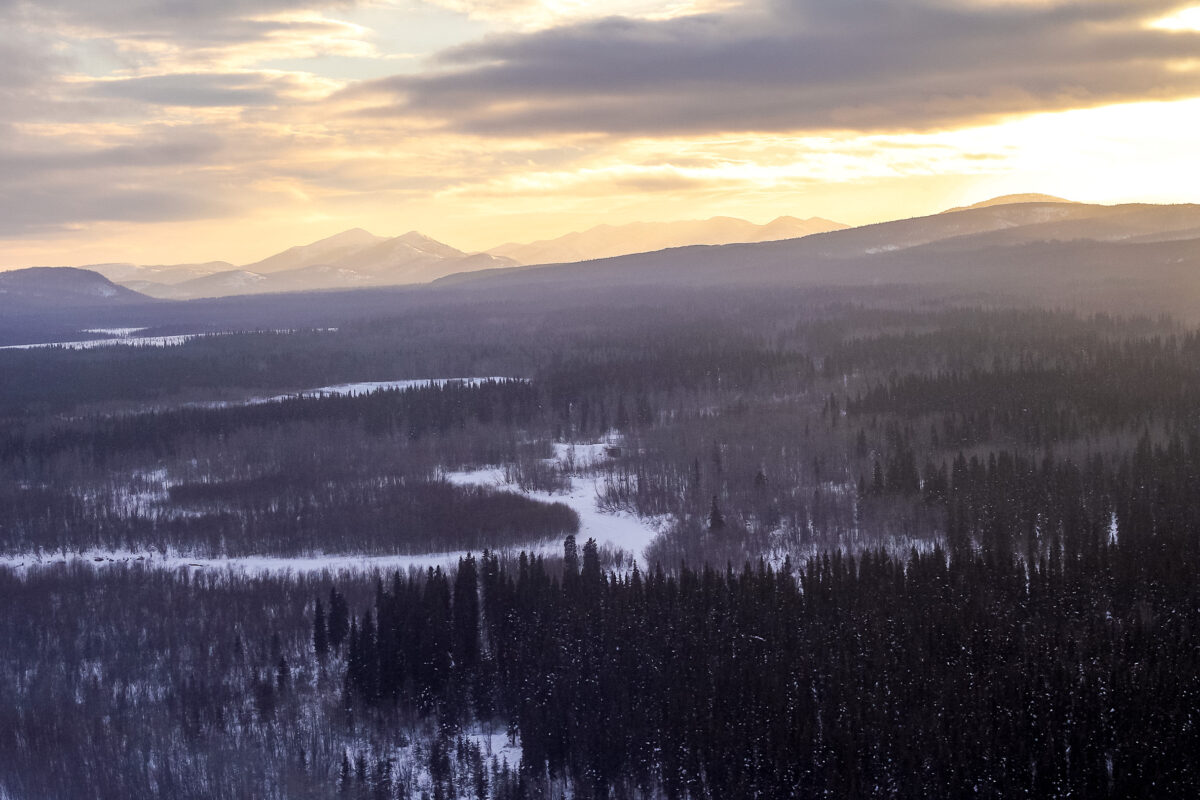 An aerial view of the wintry countryside near Kaltag, Alaska