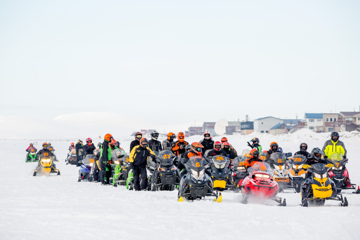 Starting line at the 2017 Nome-Golovin Snowmachine Race, on the sea ice in front of Nome, Alaska.