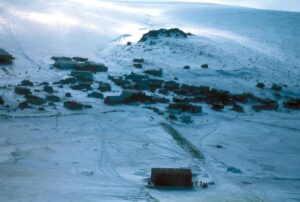 A vintage, aerial view over Scammon Bay, Alaska, circa 1986