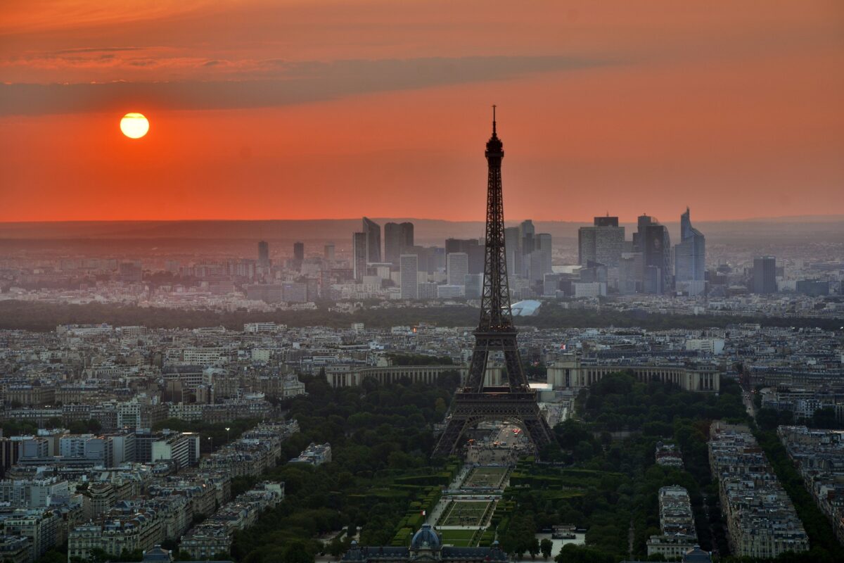 Overview of Paris, France, at sunset.