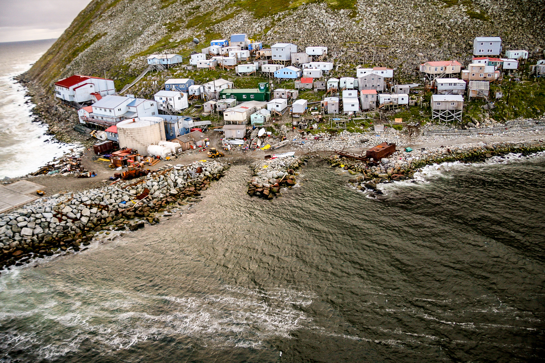 An aerial view of a small, coastal village