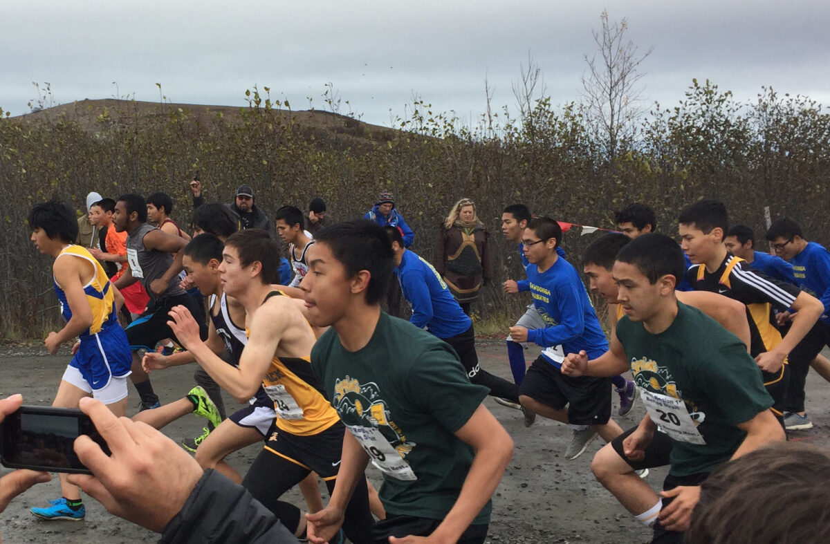 Boys from across Western Alaska took off from the finish line at the Bering Strait School District Cross-Country Championships (Photo courtesy of Brendan Ellis, 2017)