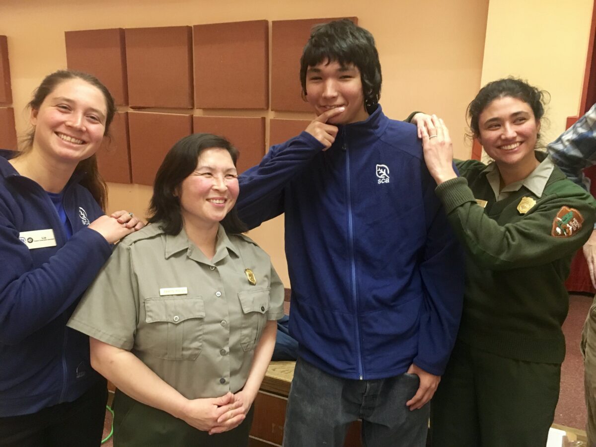 SCA media and education intern Lia Nydes, Bering Land Bridge National Preserve Superintendent Jeanette Koelsch, Nichlos Gutowski, and NPS Park Ranger Lupe Zaragoza spoke about their experiences after the screening of "National Park DIaries" in Nome.