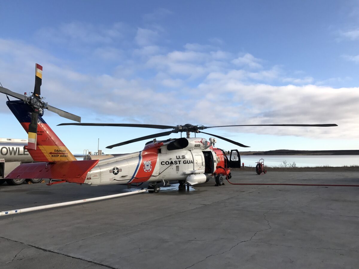 A Coast Guard helicopter lands at the seasonal base in Kotzebue.