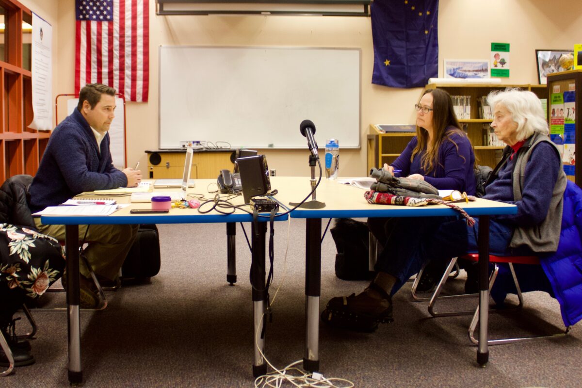 Superintendent Shawn Arnold and board members Sandy Martinson and Nancy Mendenhall at a Nome Public Schools Board of Education work session. (Photo: Gabe Colombo, KNOM)