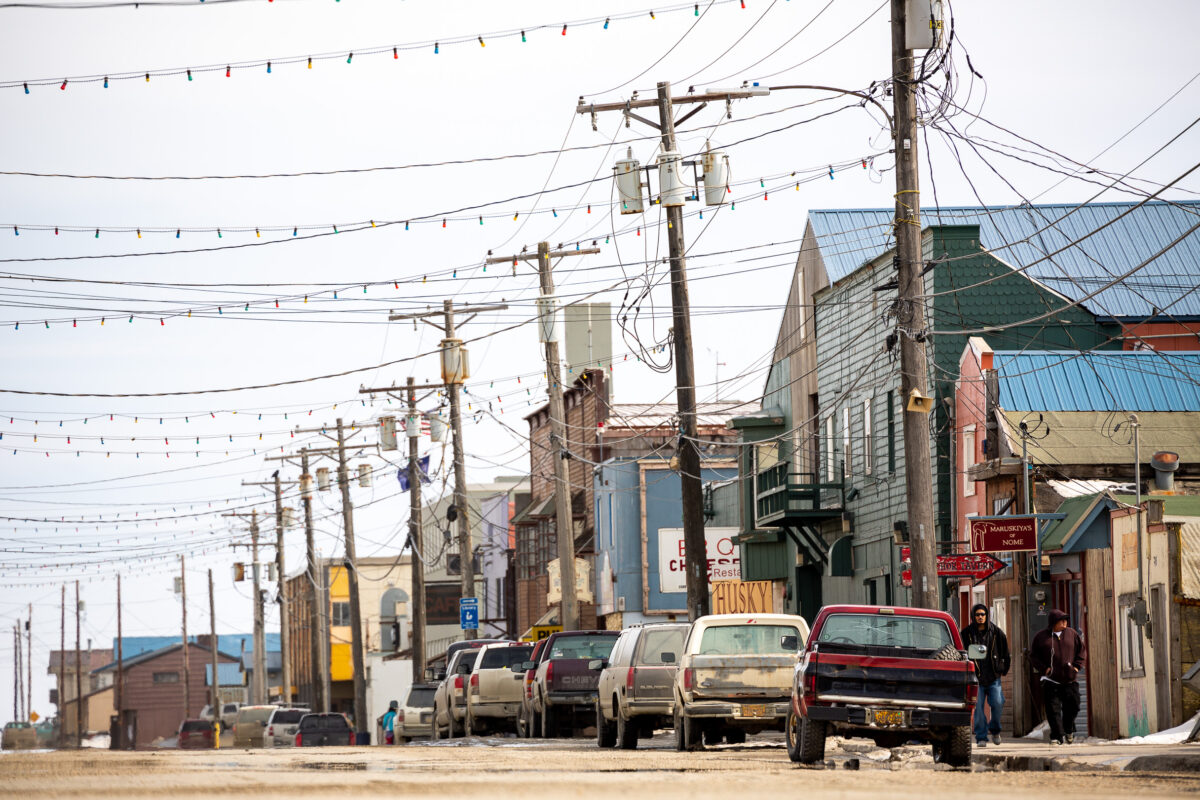 A telephoto view of Nome’s Front Street on a cloudy afternoon.
