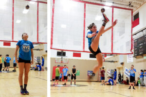 Side-by-side pictures of an NYO competitor preparing for, then executing, a one-foot high kick inside the St. Michael school gym.