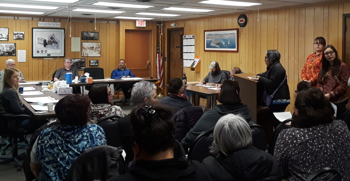 Concerned citizens of Nome present their proposed resolution to the City Council regarding justice for Alaska Native victims of sexual assault and other violent crimes. Photo Credit: Davis Hovey, KNOM (2018)