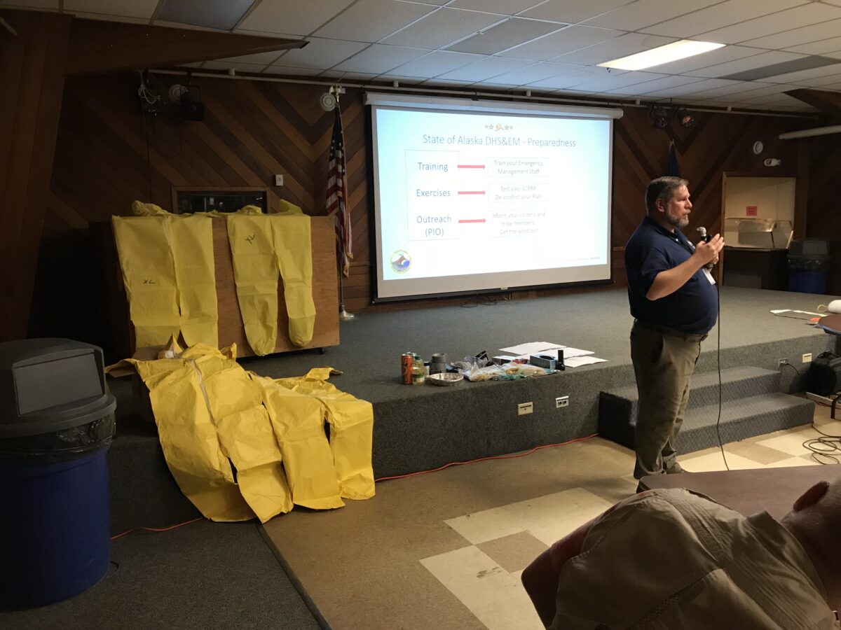 One presentation during the DHS&EM workshop at the Nome Mini Convention Center. Photo Credit: Zoe Grueskin, KNOM (2018)