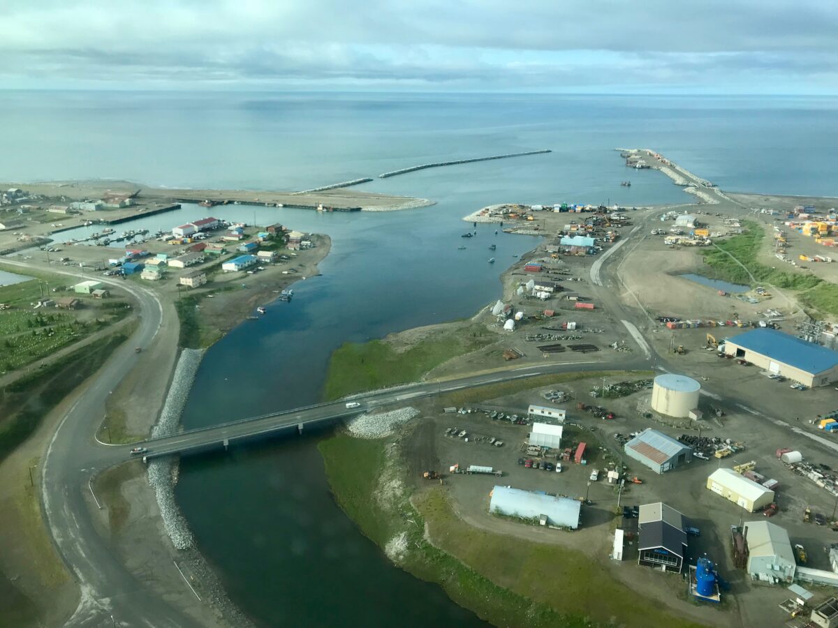 Aerial view of Nome harbor and port area and the mouth of the Snake River.