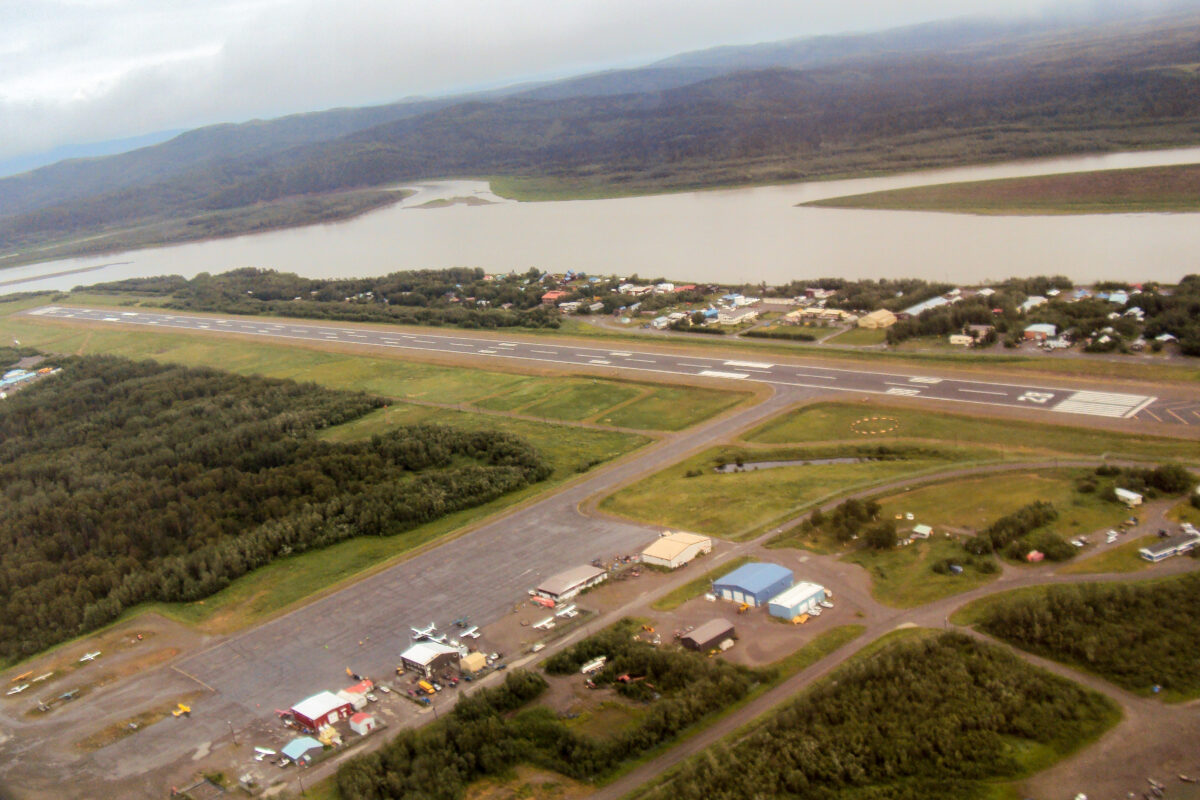 Aerial view of rural Alaska town in summertime.