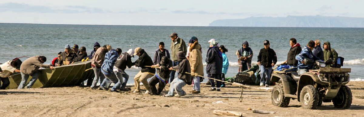 Dozens of people on a beach help pull a boat onto shore.