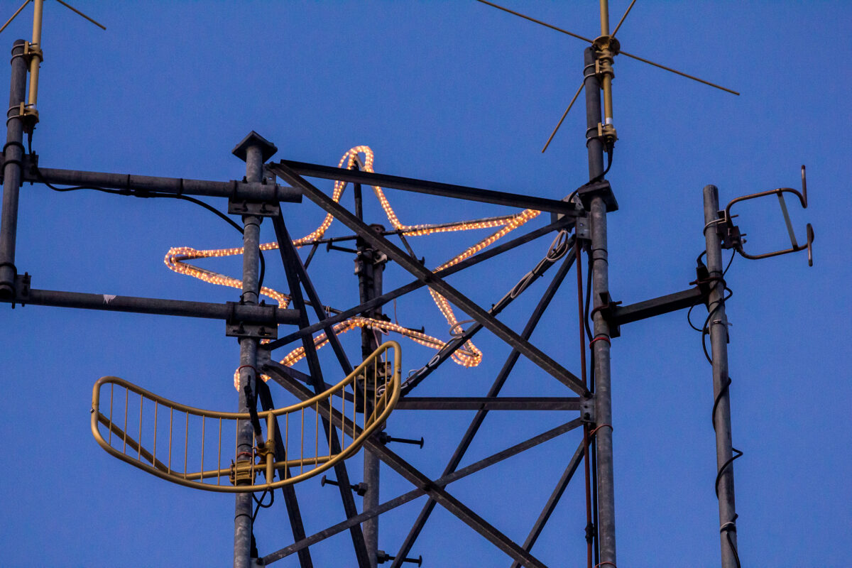 The KNOM Christmas star atop the station’s FM transmitter tower.