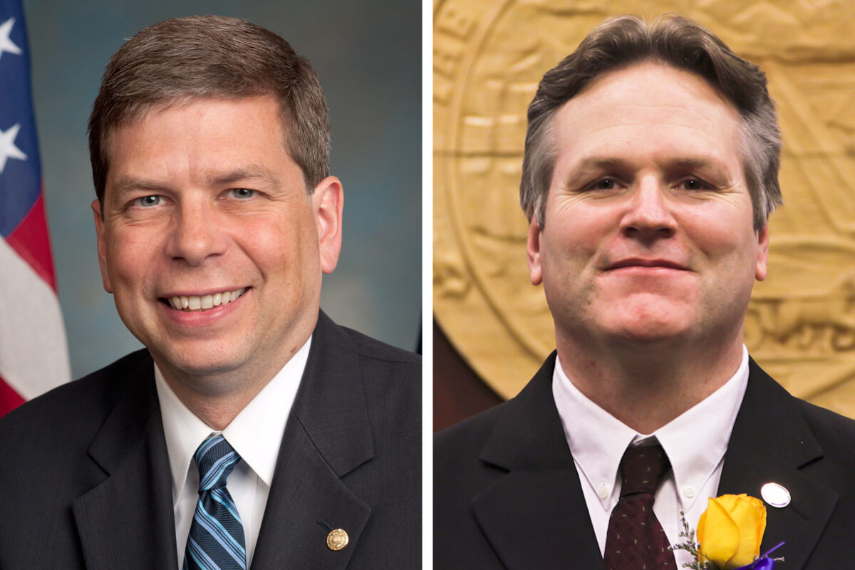 Side-by-side headshot-style portraits of Mark Begich and Mike Dunleavy, wearing jackets and ties.
