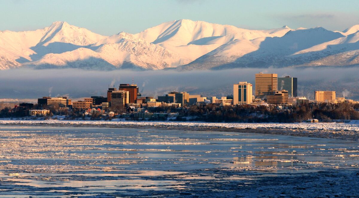 Wintry cityscape of Anchorage, seen from across Knik Arm.