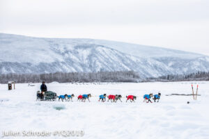Snowy landscape of mountains and forest in background with sled dog team mushing on a trail in the foreground.