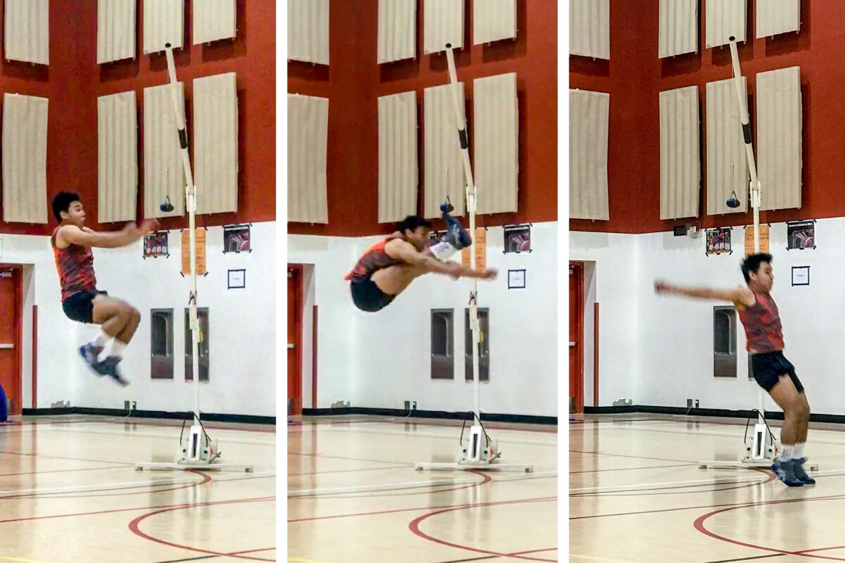 Native Youth Olympics high-kicker, seen in a three-image series successfully kicking a suspended beanbag in a high school gymnasium.