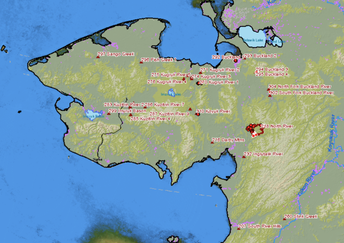 Digital map with red dots marking wildfires on Alaska’s Seward Peninsula.