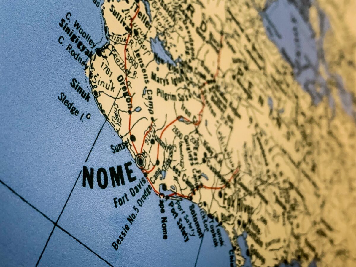 Close-up of Nome and Bering Strait region on a color map of Alaska