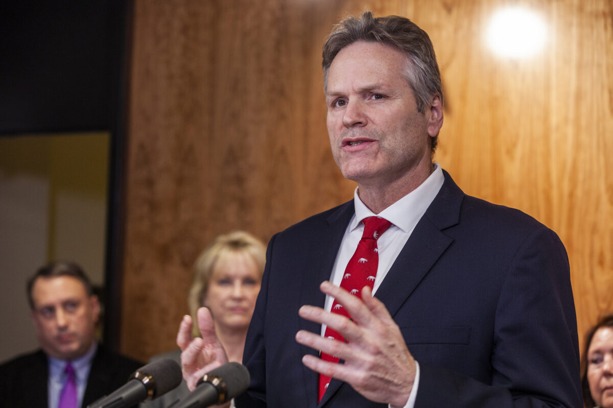 Gov. Mike Dunleavy speaking at the Capitol in Juneau, Alaska (2019).  Photo by Rashah McChesney/KTOO, used with permission.