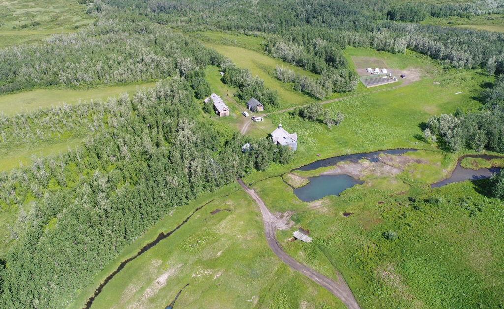 Overhead drone view of Pilgrim Hot Springs property, owned by Unaatuq and co-managed by BSNC and Kawerak. Photo from Kawerak, used with permission (2020).