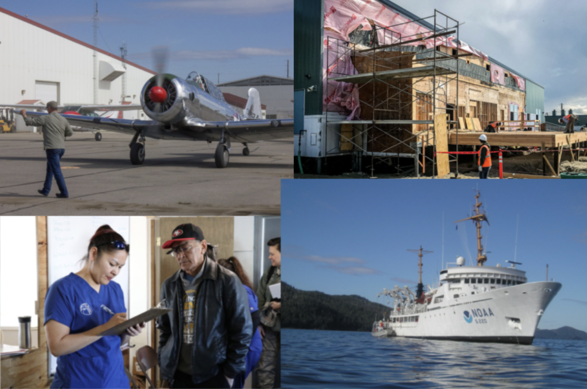 A collage of four images. A plane on the runway, a construction site, a physician holding a chart next to patient, and a ship on water.