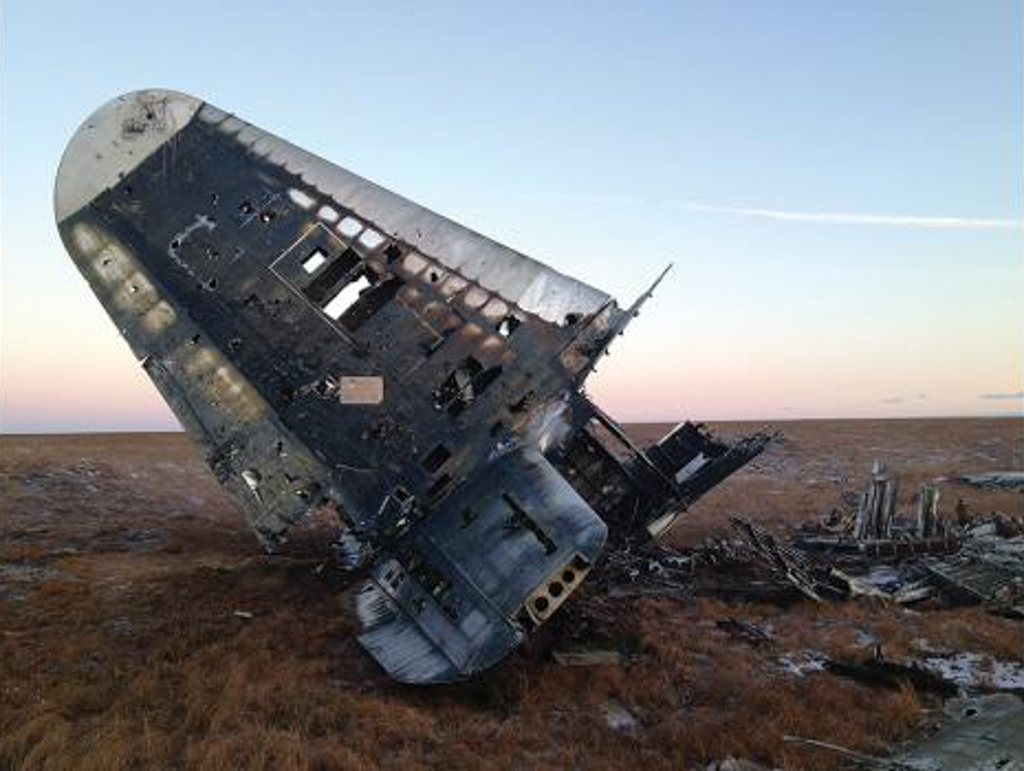 Part of the Lockheed P2V-5 Neptune wreckage remains in Gambell. Photo courtesy of Gay Sheffield, UAF Northwest Campus and Alaska SeaGrant.