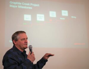 Graphite One Alaska’s Mike Schaffner speaks to Nome residents about the proposed mine on Thursday, April 20.