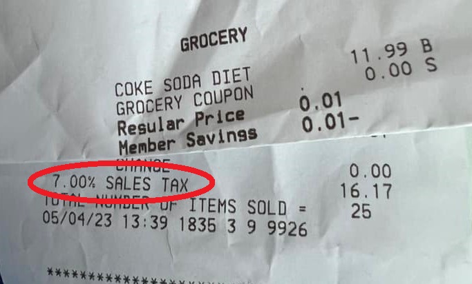 A receipt from a Nome business shows a 7% tax rate being applied to purchases on May 4.