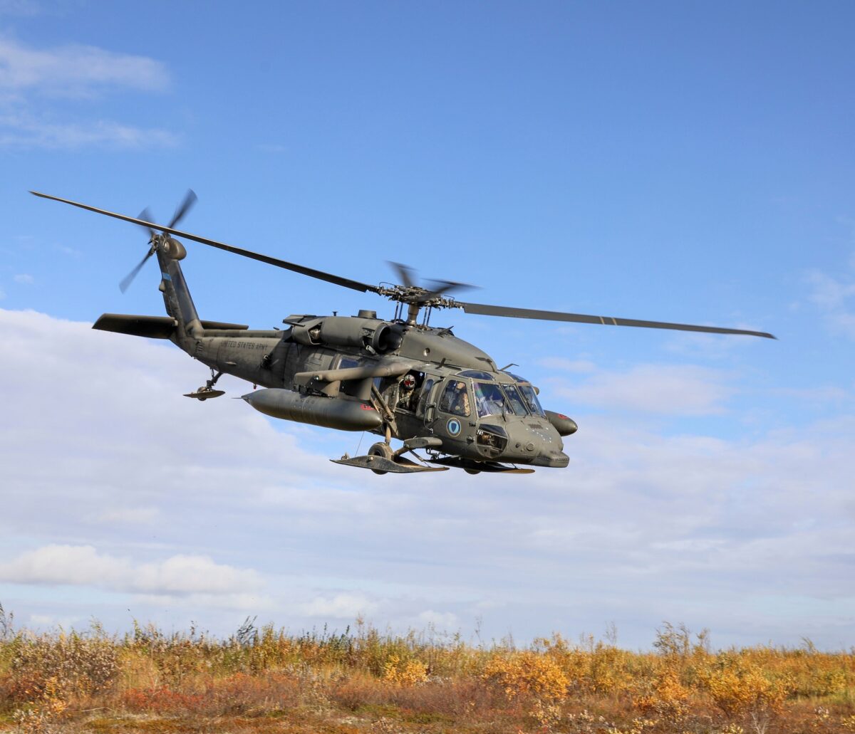 An Alaska Army National Guard UH-60 helicopter assists after Typhoon Merbok.