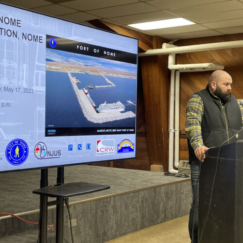Jathan Garrett, the Army Corps of Engineers project manager in Nome, speaks at a community meeting on May 17.
