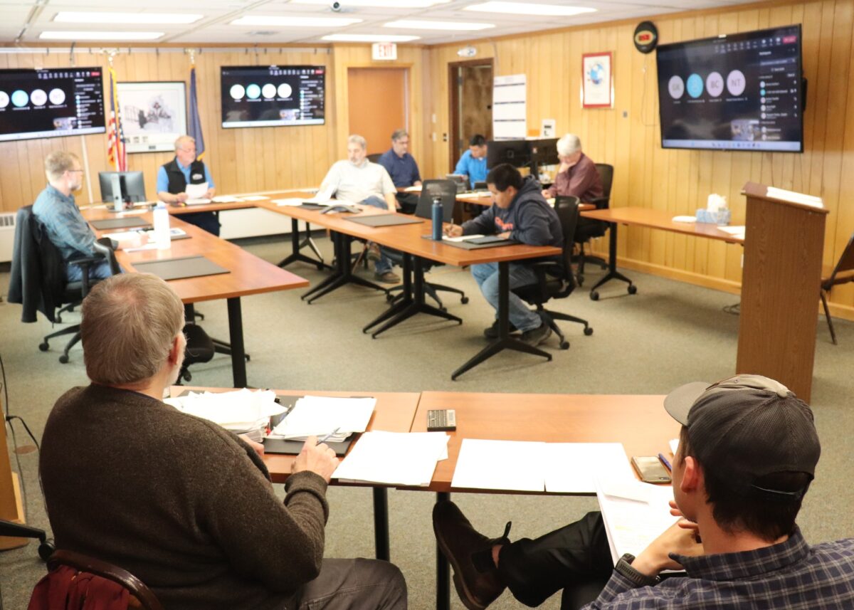 Appraisers Arne Erickson (left) and Martins Onskulis addressed assessment appeals during the Nome Board of Equalization meeting on Wednesday, May 31.