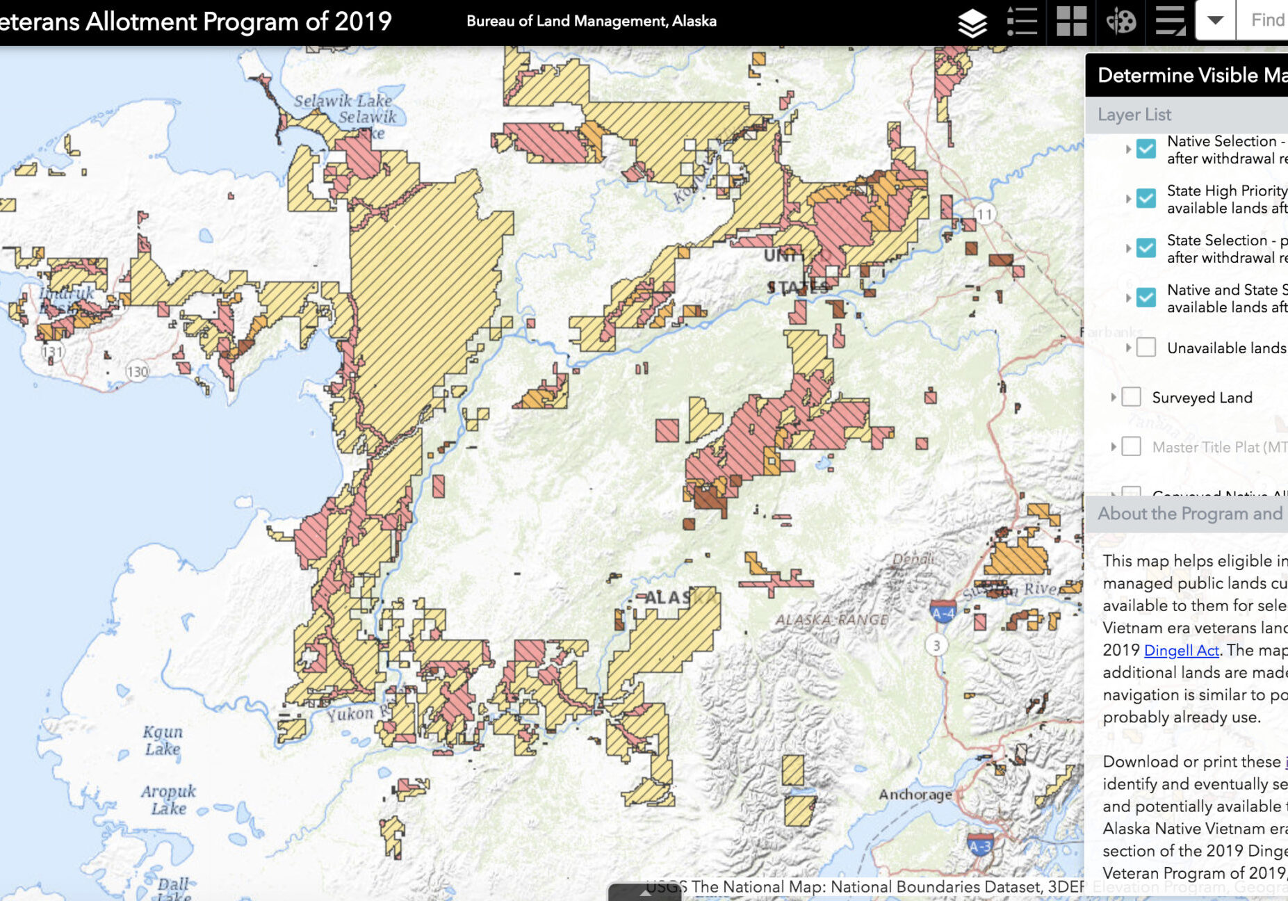 A map of the total acreage of land that will potentially be available for Alaska Native Veterans to claim through the BLM's program.
Photo: screen grab from BLM, 2020.