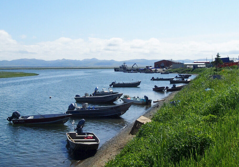 Unalakleet's small harbor full of fishing boats. Photo from NSEDC's website, via public domain.