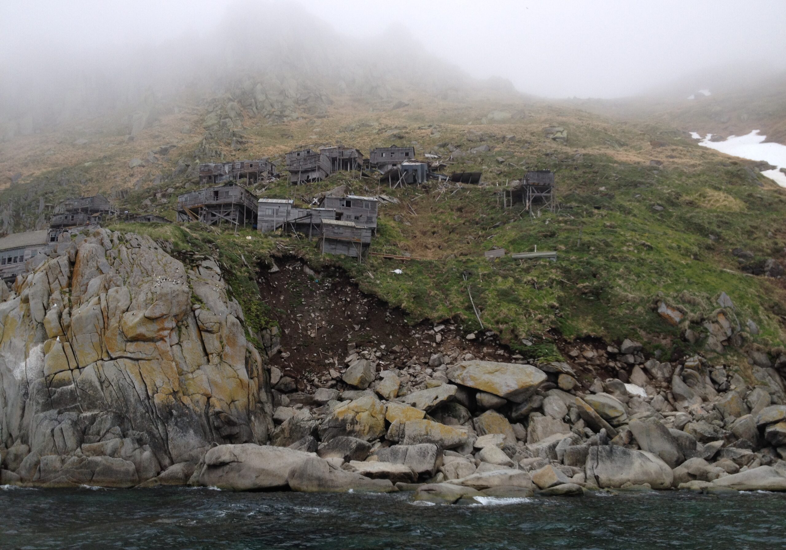 Craggy, grassy island cliff and shoreline, wrapped in mist